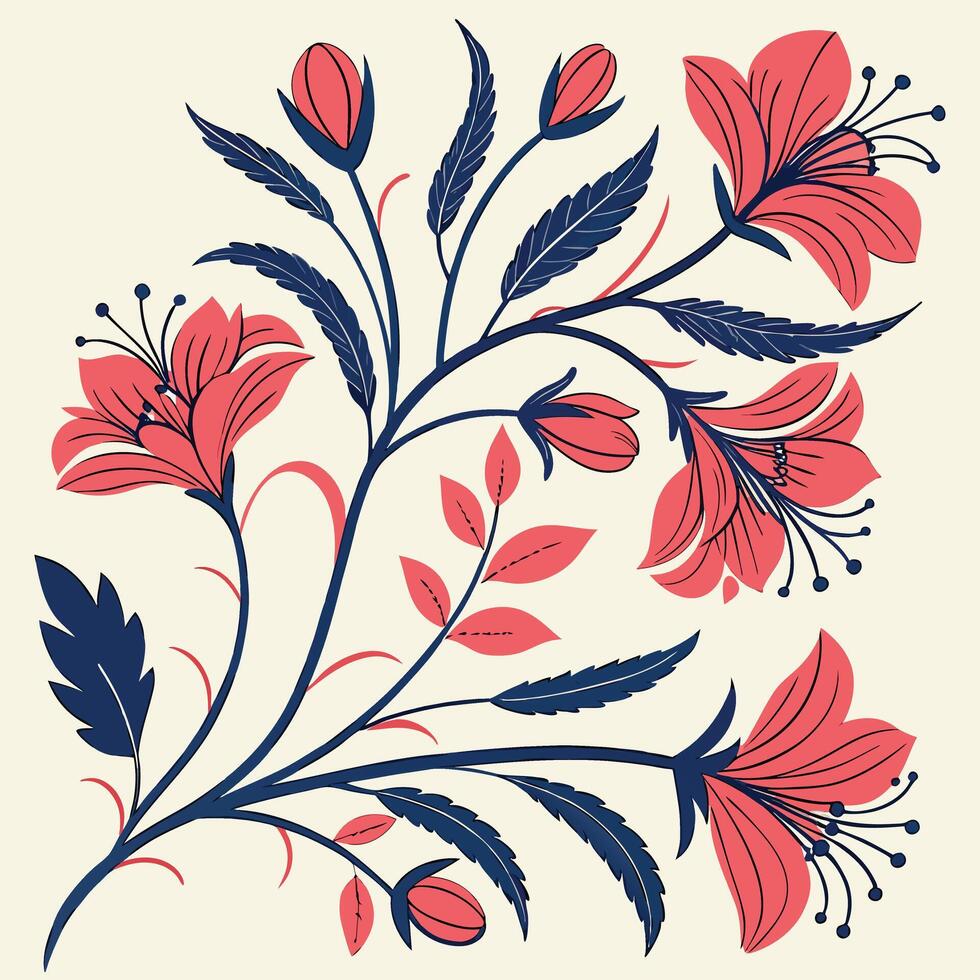 Elegant coral and navy blue floral arrangement with delicate petals and leafy stems on a cream background vector