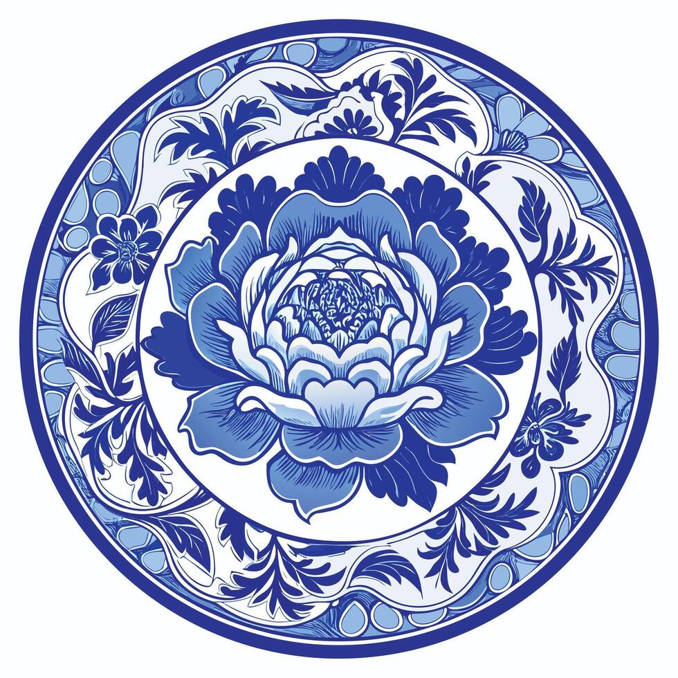 Elegant blue and white porcelain plate design illustration for decorative purposes vector