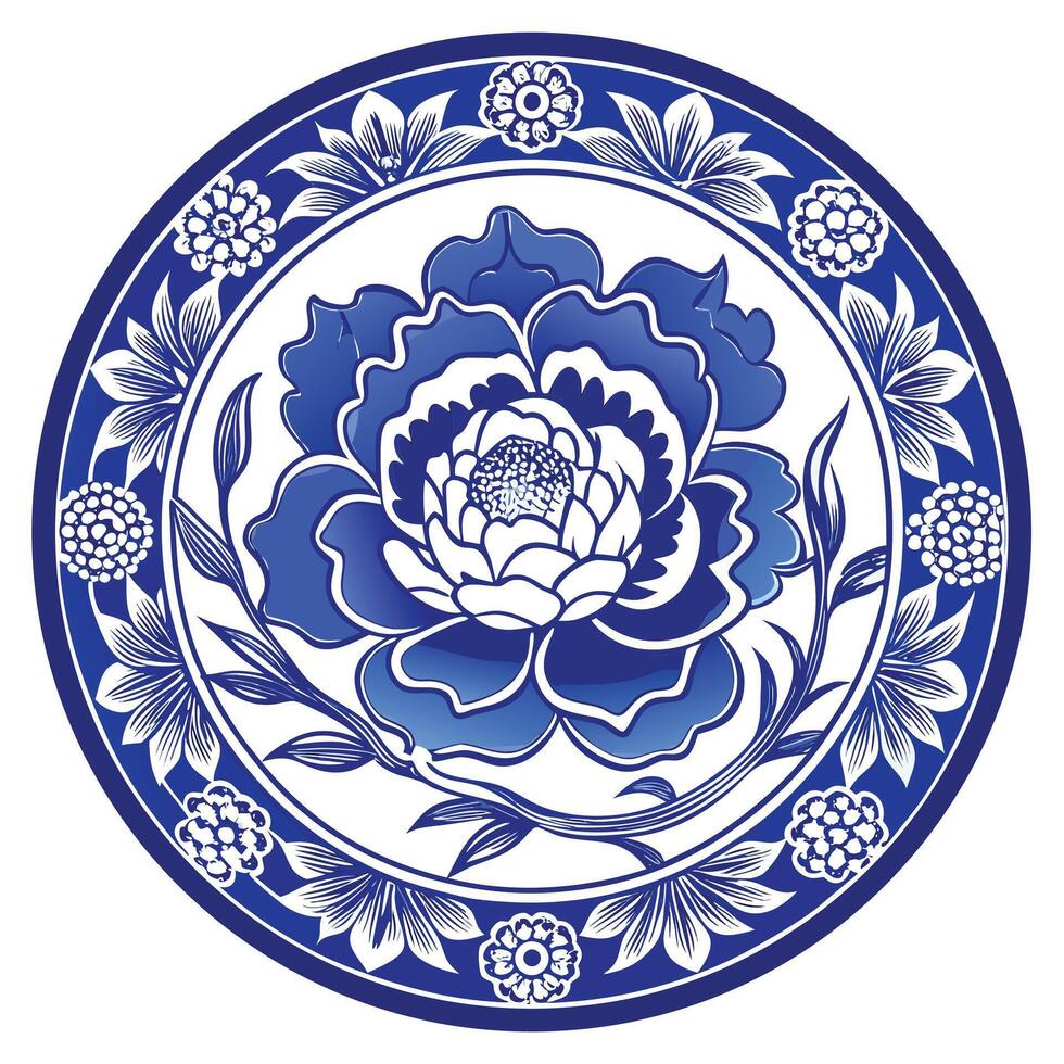 Elegant blue and white porcelain plate design for high resolution printing vector