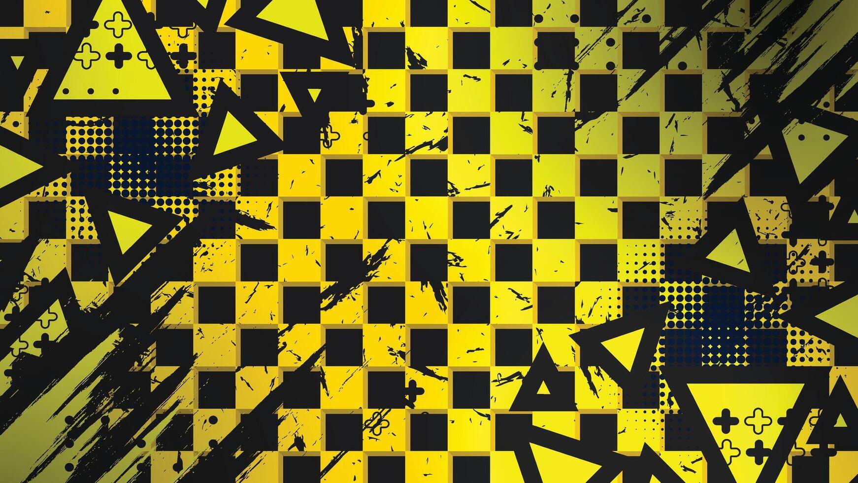Yellow Grunge Checkerboard with Abstract Triangle and Halftone Elements Background vector
