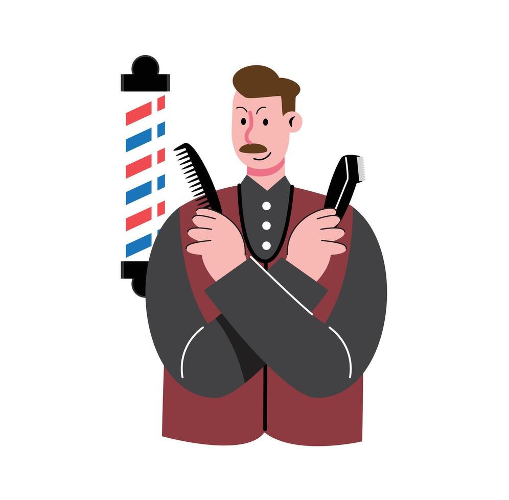 Barber Character with Tools and Classic Barber Pole vector