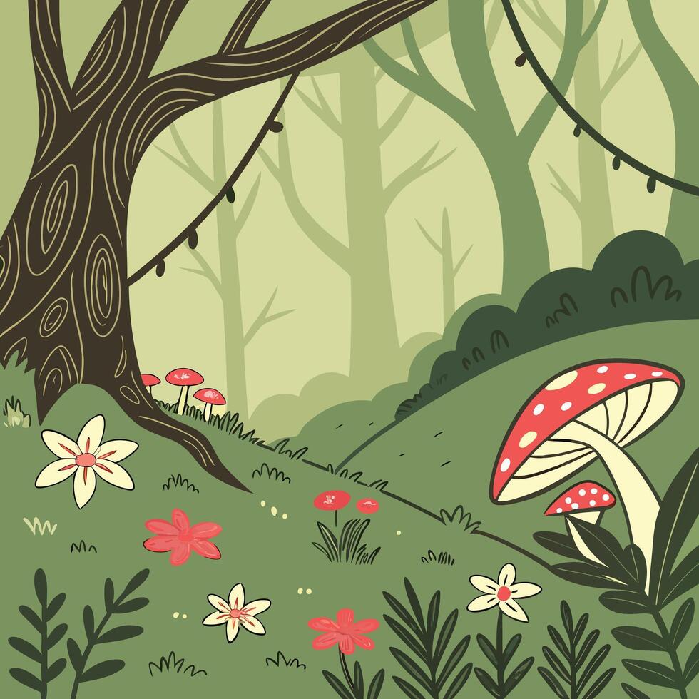 Enchanting forest scene with whimsical mushrooms and delicate flowers creating a magical woodland atmosphere vector