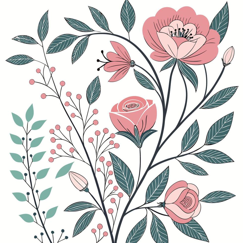 Elegant Hand-Drawn Floral Illustration Pink and Green Botanical Clipart for Prints and Design vector