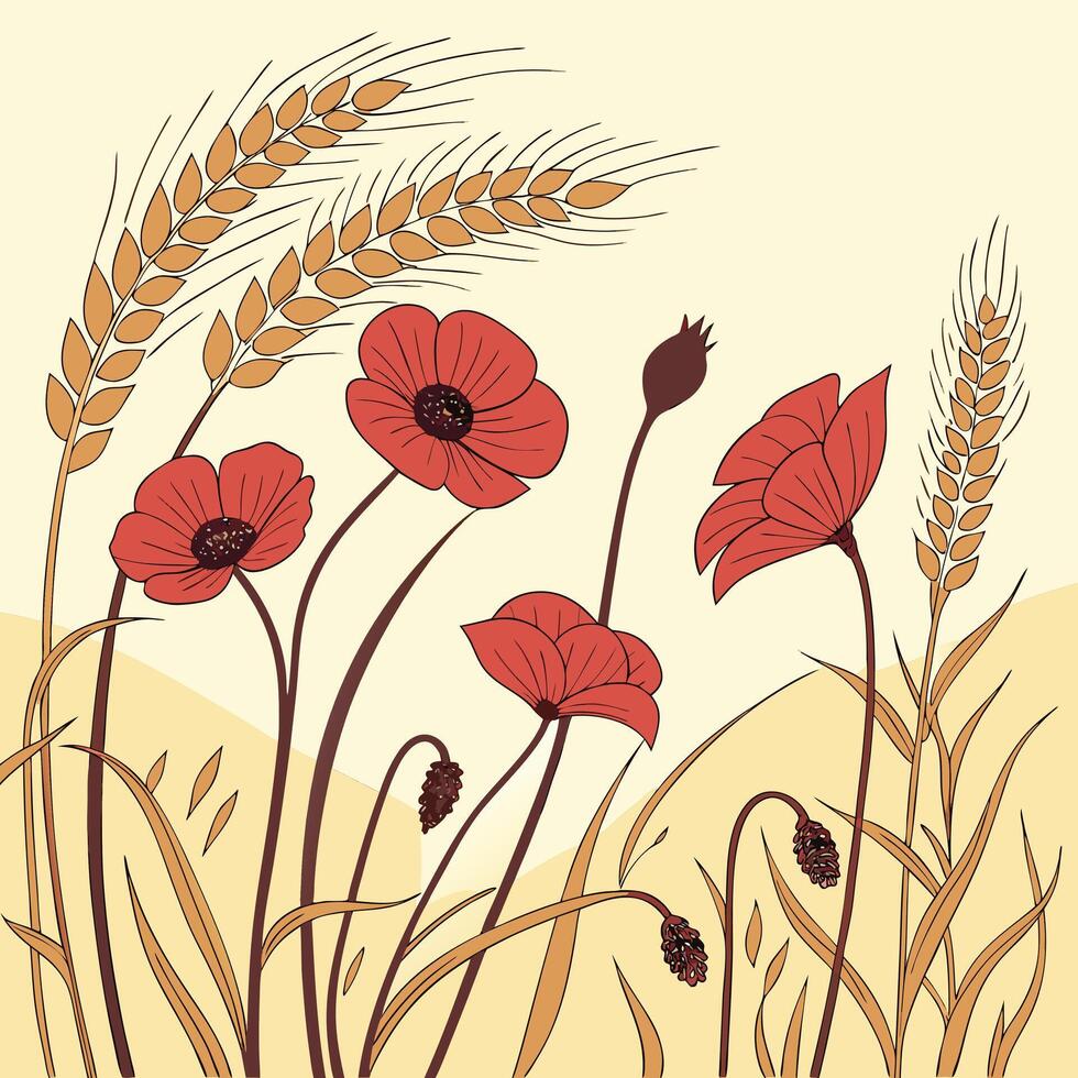 Delicate red poppies bloom amidst golden wheat stalks in a stylized field vector