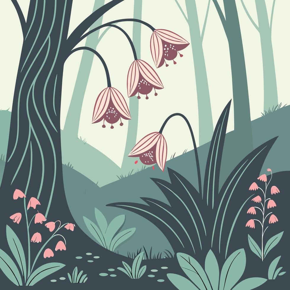 Enchanting forest scene with bell shaped flowers and lush greenery vector