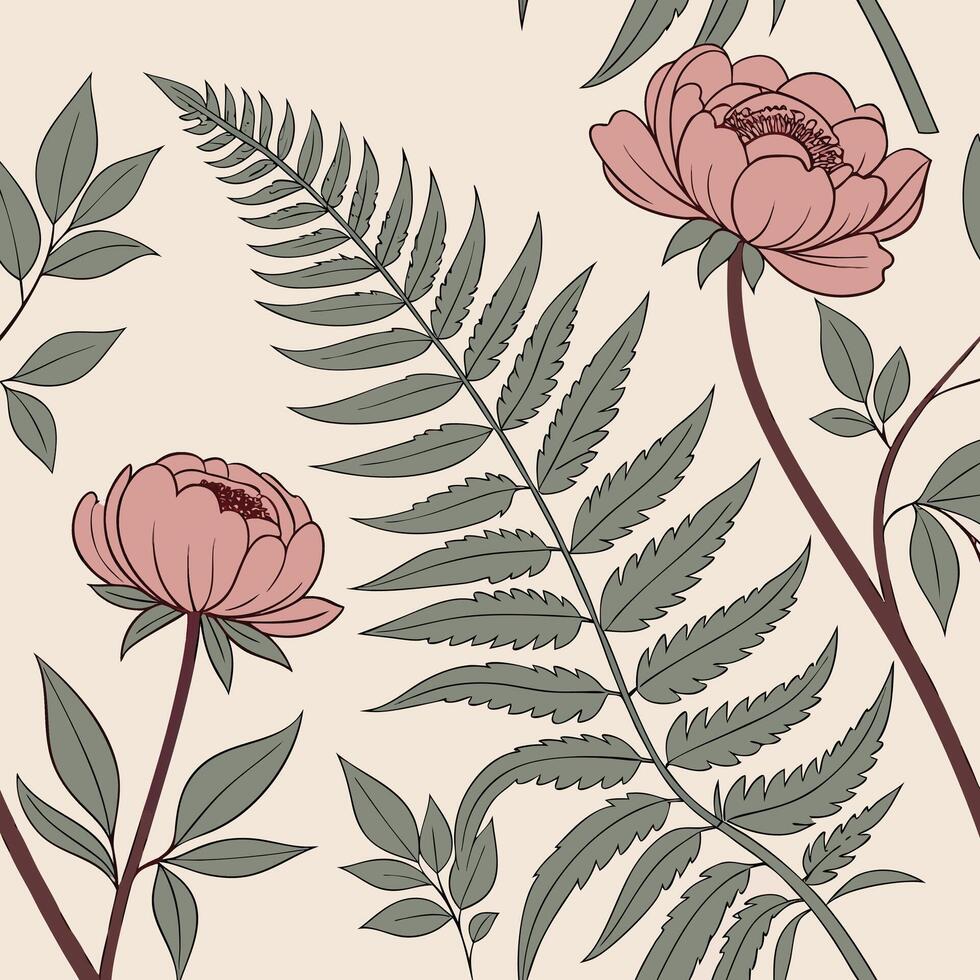 Elegant pink peonies and green ferns seamless floral pattern vector