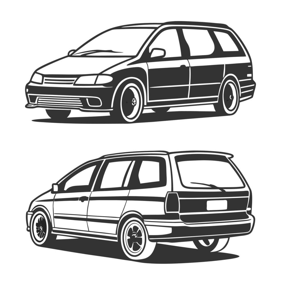 Stylized line art depicting a modern station wagon from front and rear angles vector