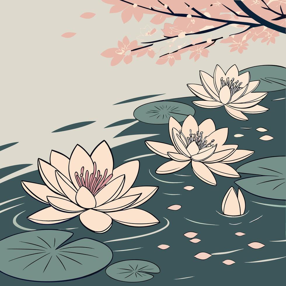 Serene water lilies bloom beneath cherry blossoms in tranquil pond vector