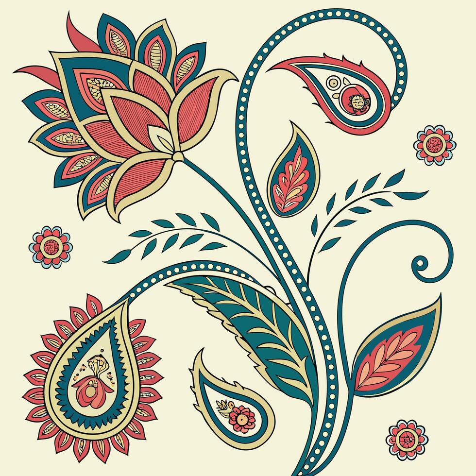 Intricate paisley flower design with teal coral and cream colors vector