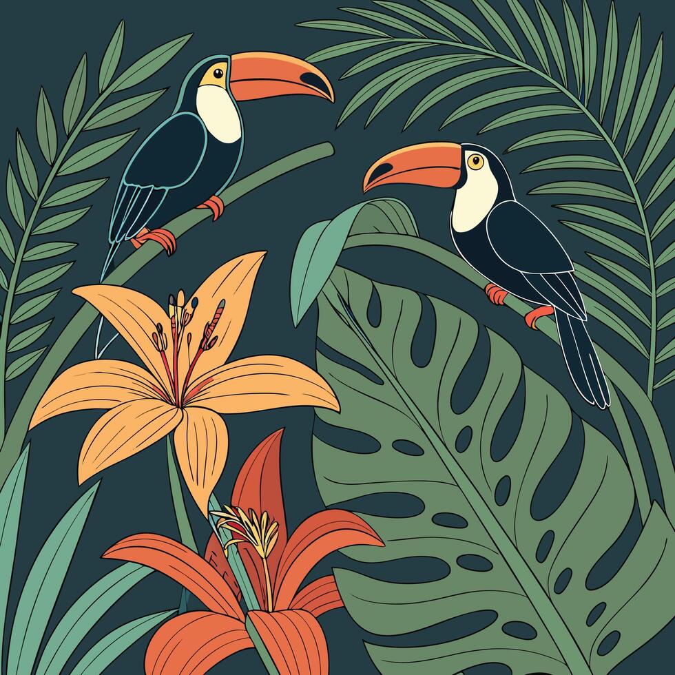 Colorful tropical jungle scene with two toucans sitting on branches surrounded by lush green leaves and exotic flowers perfect for nature themes wildlife concepts and tropical inspired design projects vector