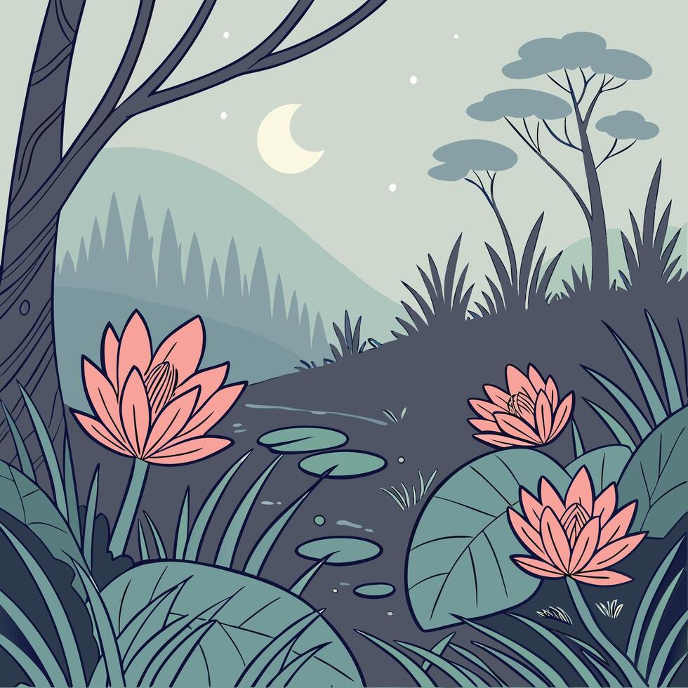 Tranquil nighttime pond scene with pink water lilies under a crescent moon and starry sky vector