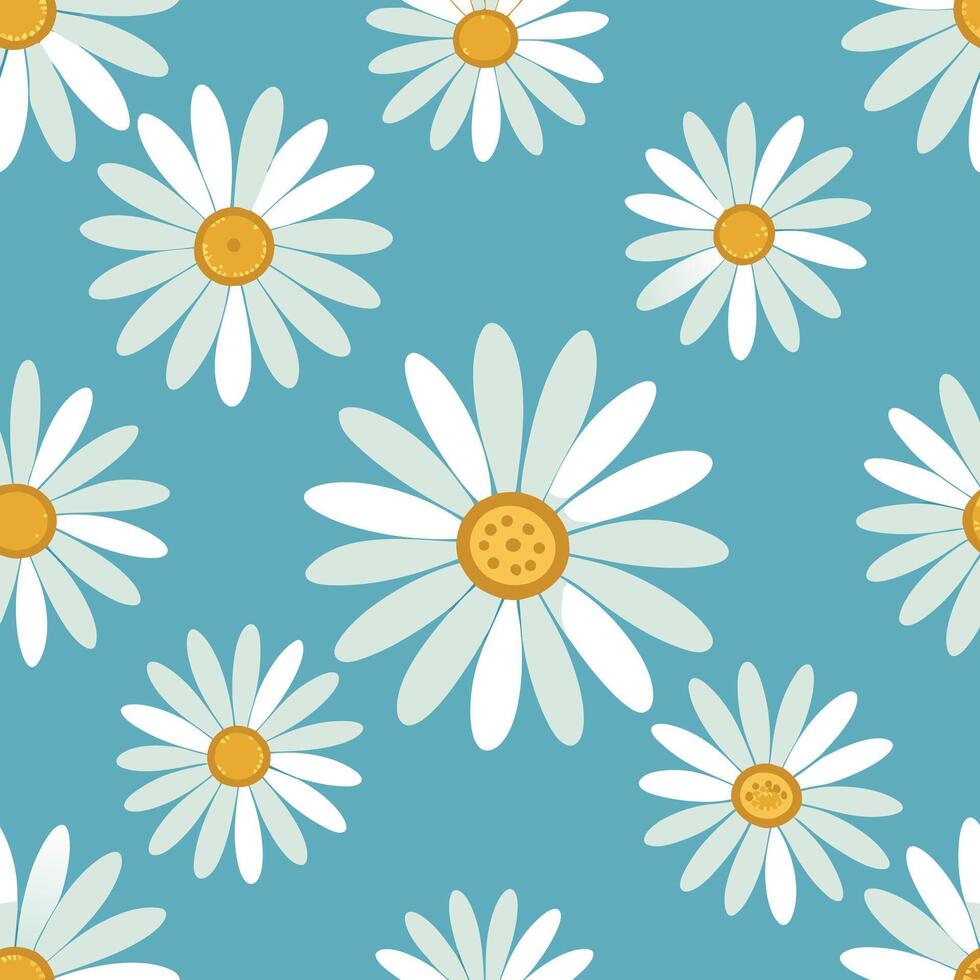 Seamless pattern of white daisies on blue background vector