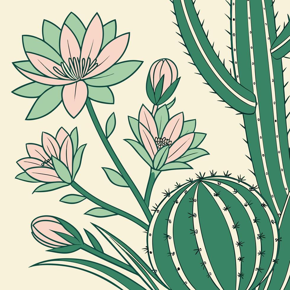 Desert Cactus and Succulent Flowers Illustration Seamless Nature Design in Pastel Colors vector