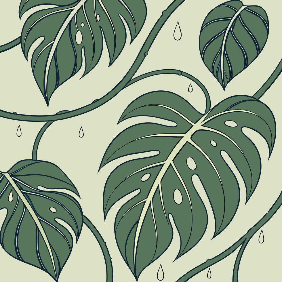 Elegant Monstera Leaf Pattern with Water Droplets for Decorative Use vector