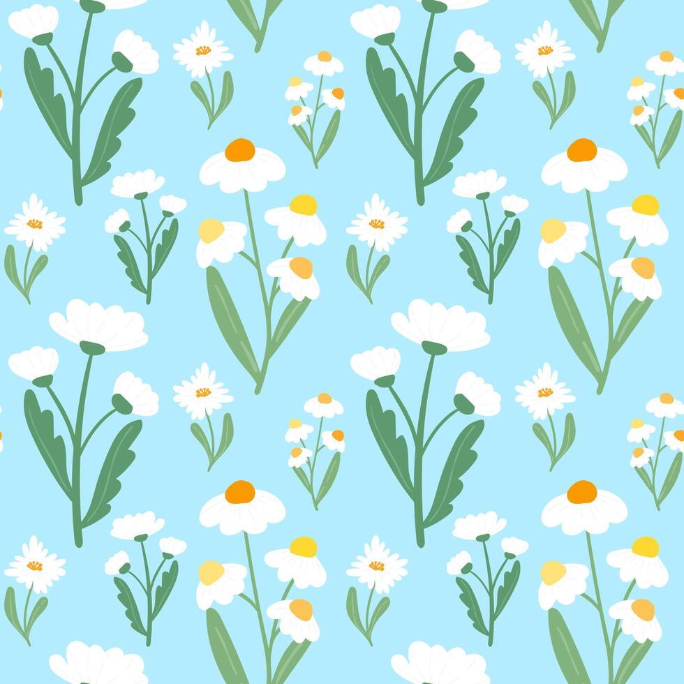 Chamomile branches and flowers patetrn on blue background. Trendy flat daisy seamless pattern for textile, fabrics, wrapping paper, prints, home decor vector