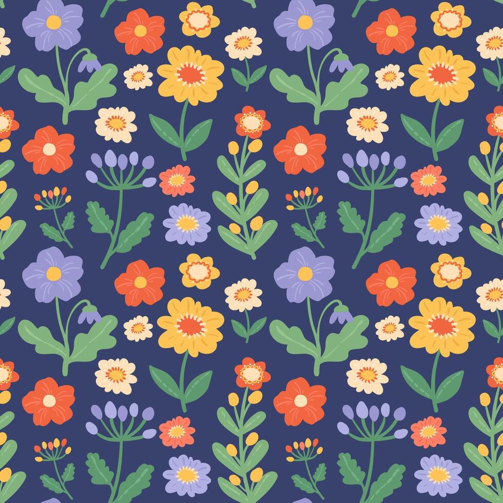 Colorful cute floral seamless pattern. Summer wildflowers and leaves hand drawn pattern. Botanical doodle flowers pattern with modern colors for kids, fabric, textile, cards, decor, print vector