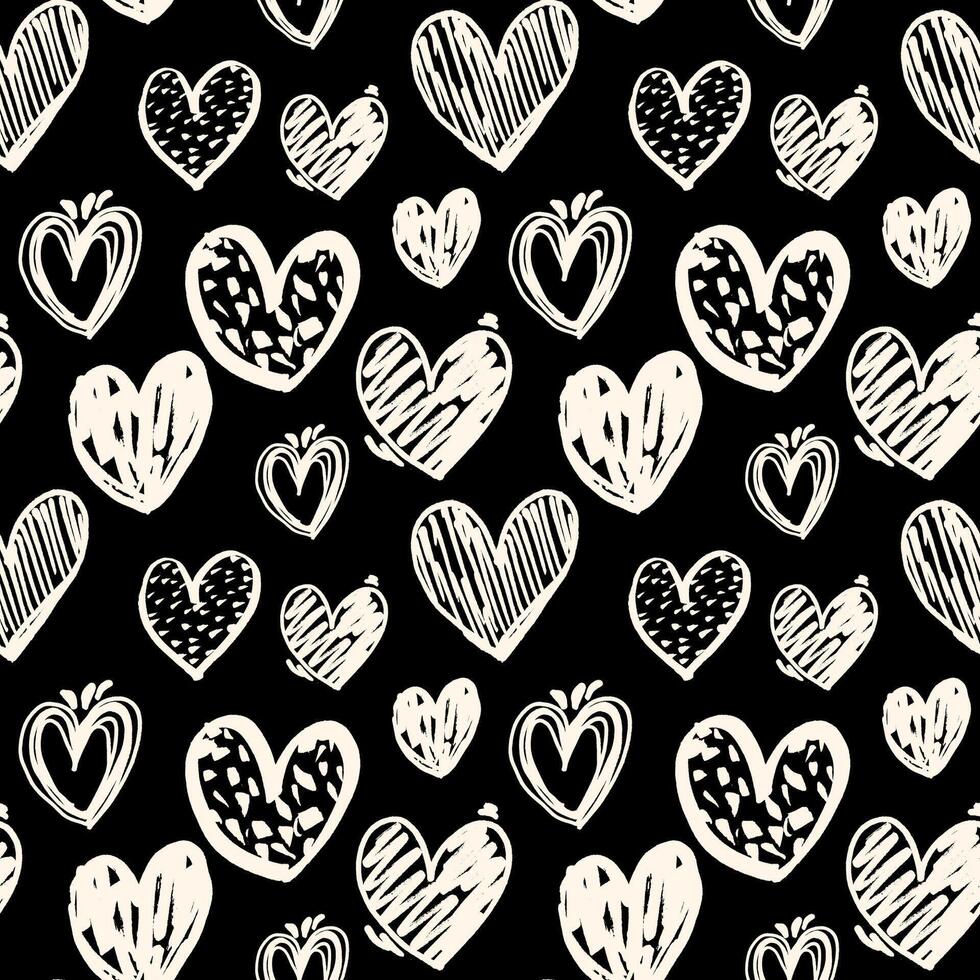 Grunge heart semless pattern on black background. Felt pen doodle heart pattern. Marker pen hand drawn hearts romantic design for fabrics, textile, wrapping paper, romantic packaging vector