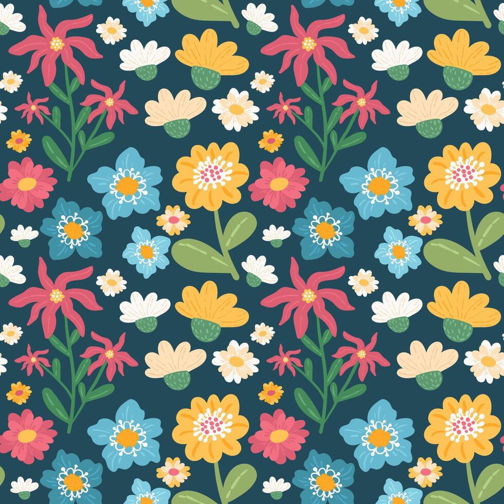 Bright colourful flowers seamless pattern. Botanical wildflowers and foliage hand drawn summer pattern. Spring floral pattern for textile, kids, fabrics, decor, print design, cards,packaging vector