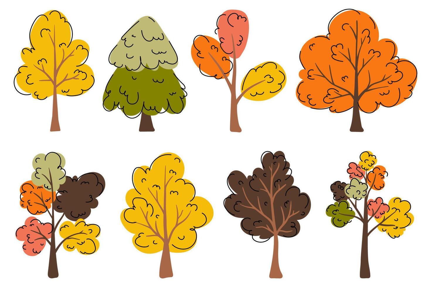 Tree collection in hand drawn flat style. Artistic autumn trees elements set. Fall forest tree icons in orange, yellow and brown colors. Woods doodle symbols set. vector