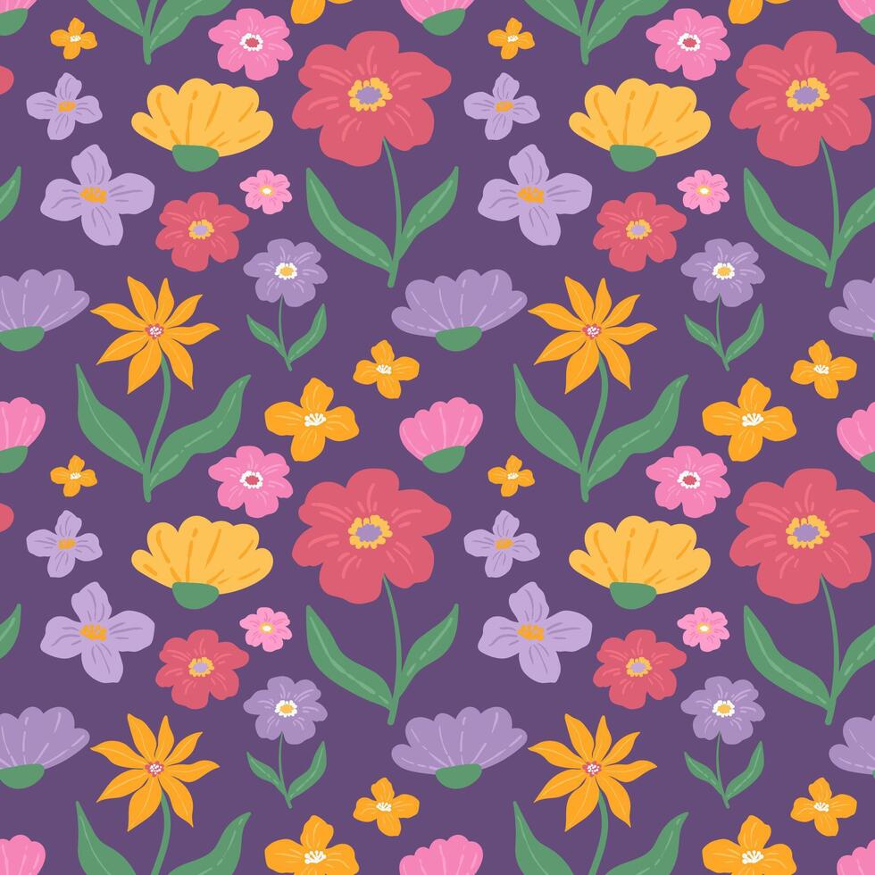 Colorul flower seamless pattern. Abstract wildflowers and foliage hand drawn pattern. Spring floral pattern for textile, kids, fabrics, decor, print design, cards,packaging vector
