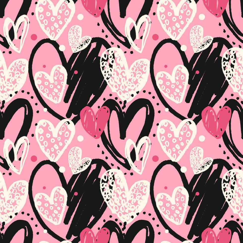 Modern grunge heart pattern. Funky marker drawn hearts seamless pattern. Playful romantic hearts pattern on pink backgound for fabrics, textile, wrapping paper, packaging vector