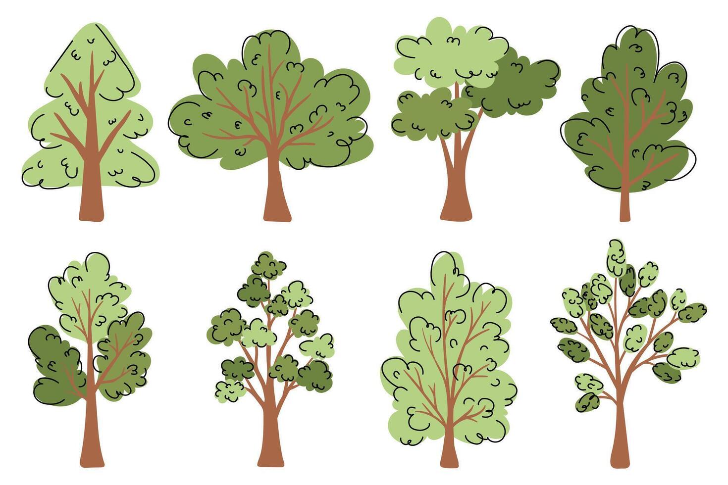 Green trees collection in hand drawn flat style. Woods doodle symbols set. Spring and Summer trees. Artistic forest tree icons for presentations, website, ads, school, kids, infographics, packaging. vector