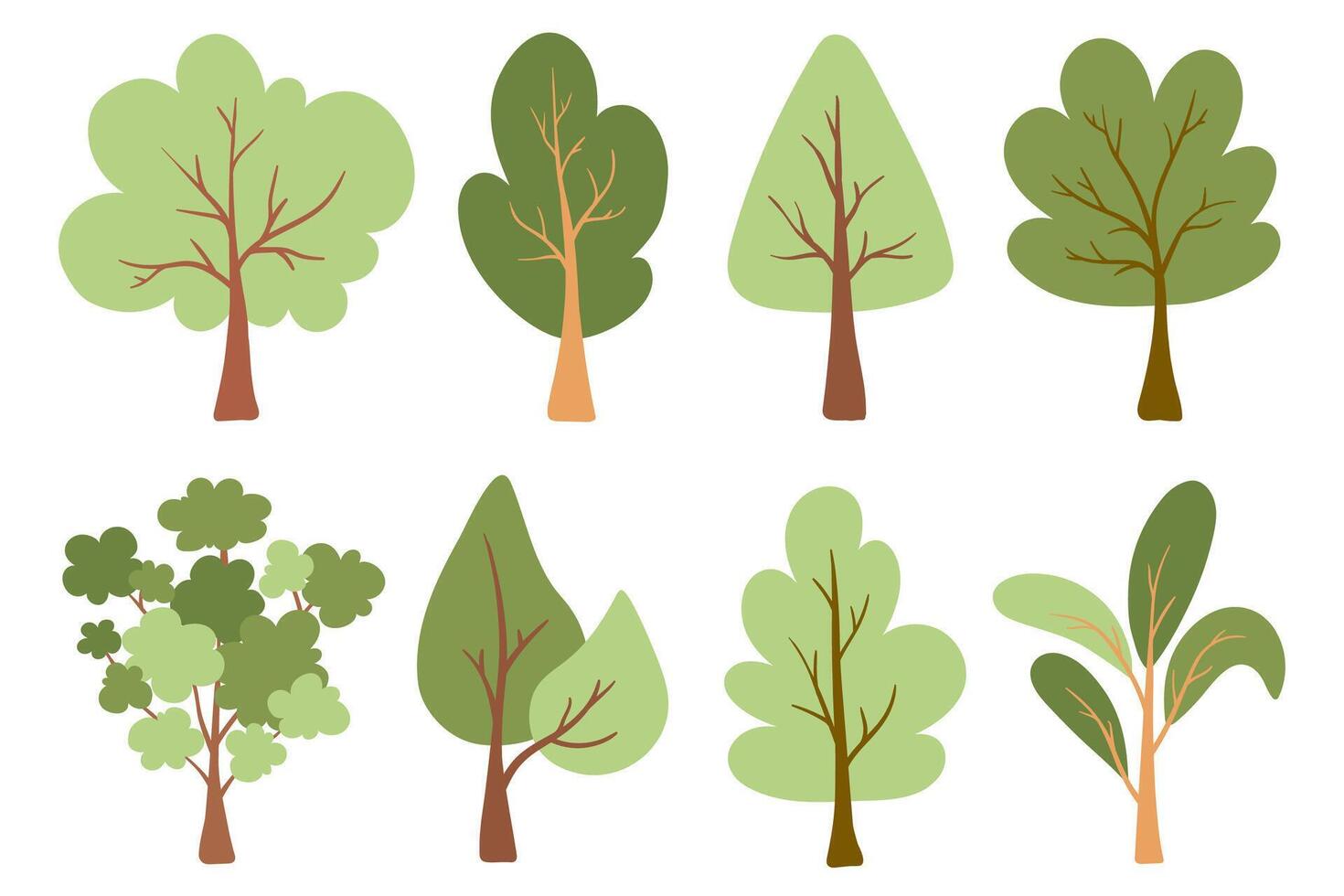 Flat tree set. Cartoon green trees collection, Woods doodle symbols set. Spring and Summer trees. Artistic forest tree icons for presentations, website, ads, school, kids, infographics, packaging. vector