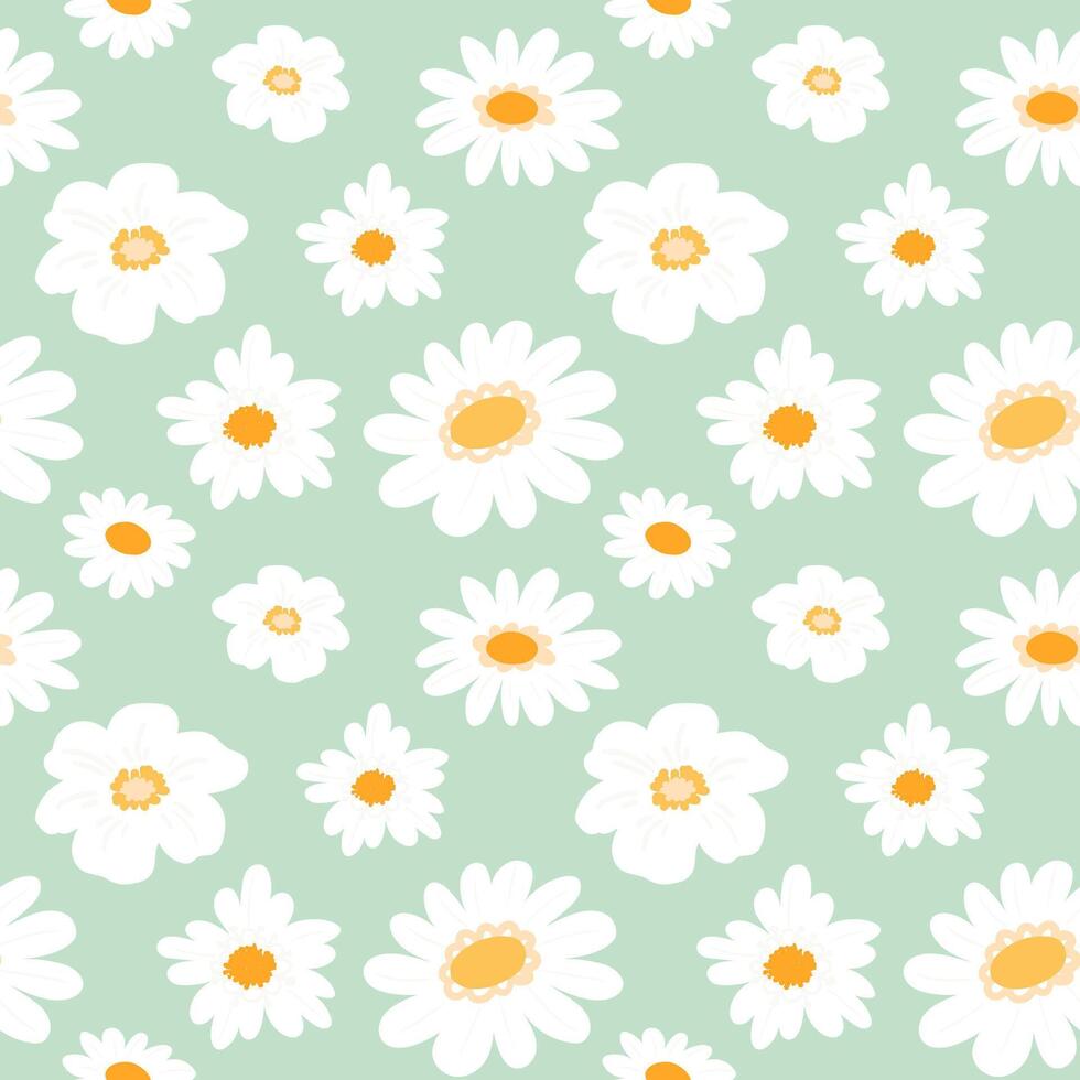 Floral pattern with chamomile flowers on light green background. Flat daisy seamless pattern for textile, fabrics, wrapping paper, prints, home decor vector