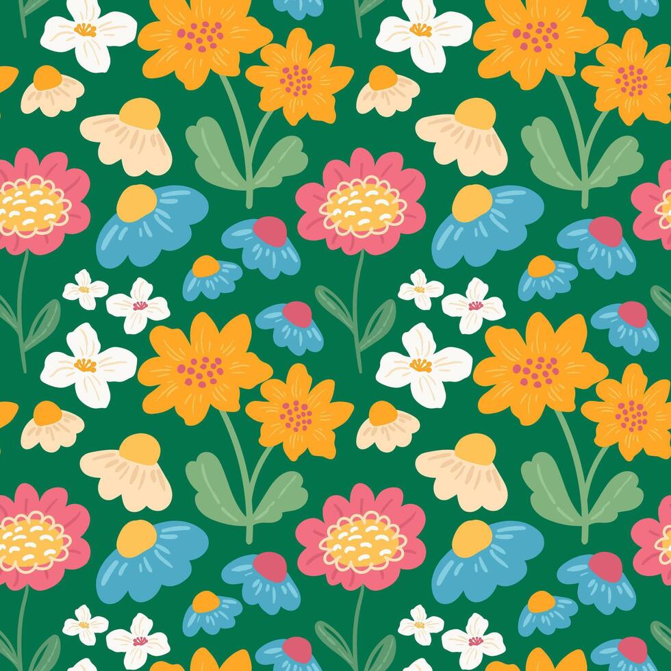 Abstract creative flowers seamless pattern. Colorful wildflowers and foliage hand drawn summer pattern. Spring floral pattern for textile, kids, fabrics, decor, print design, cards,packaging vector