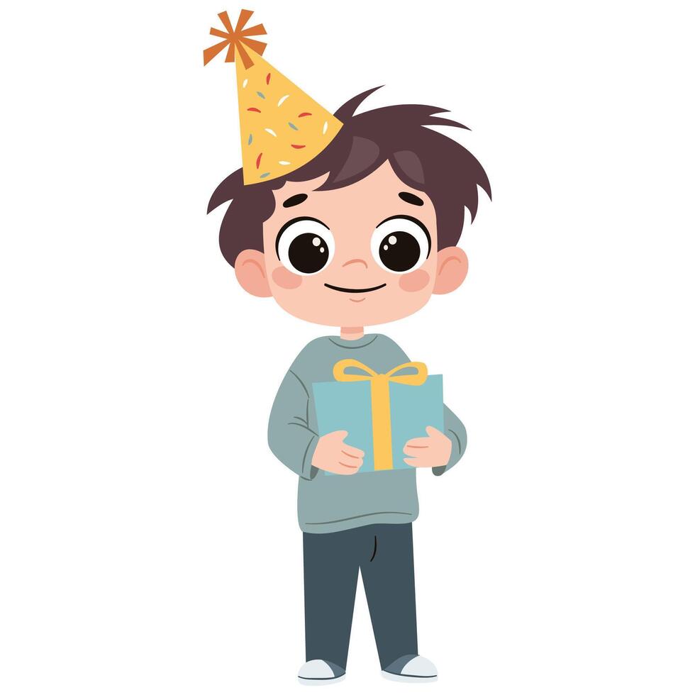Flat illustration in a simple children's style. Cute boy birthday boy holding gift box on white background vector