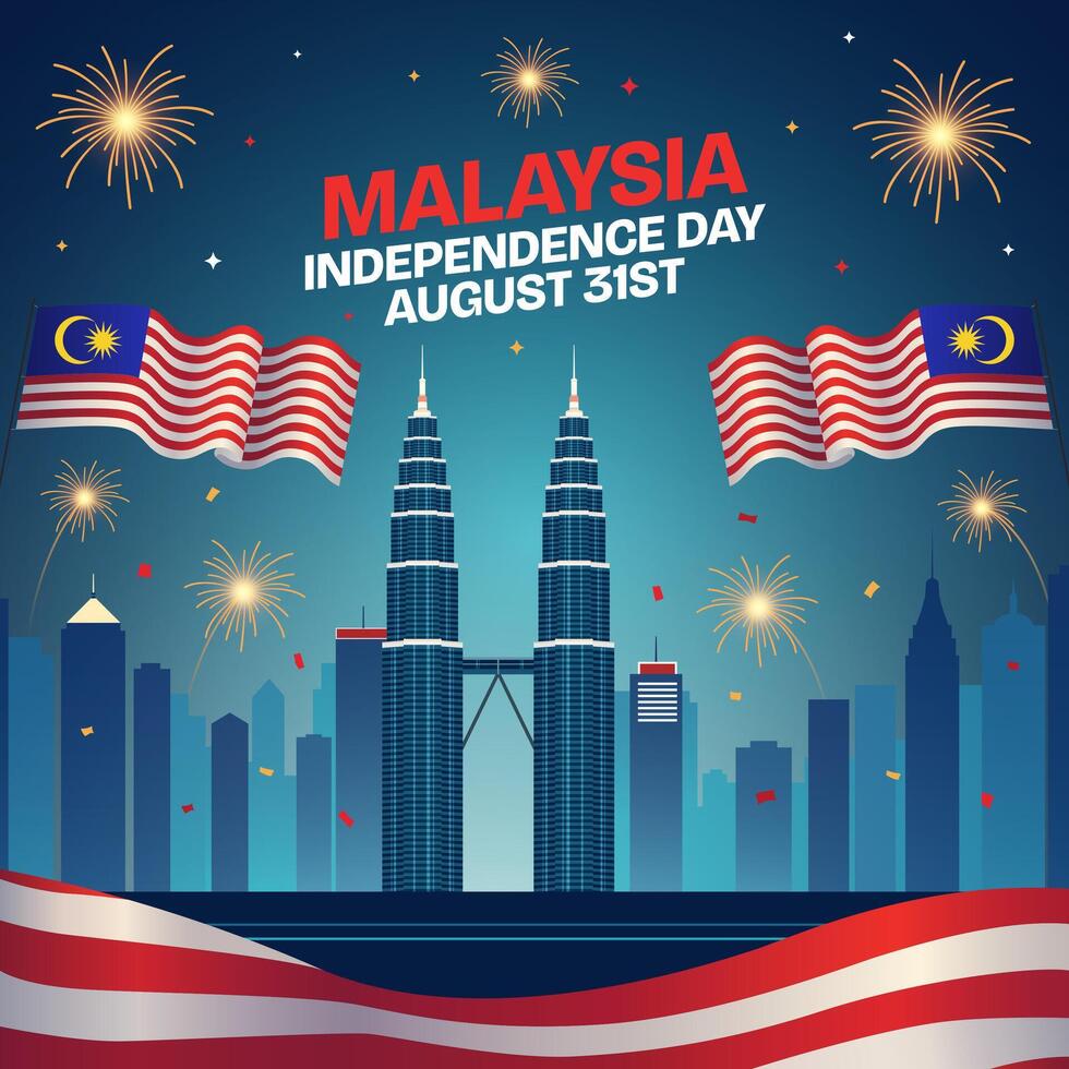 Malaysia Independence Day with fireworks and flags vector