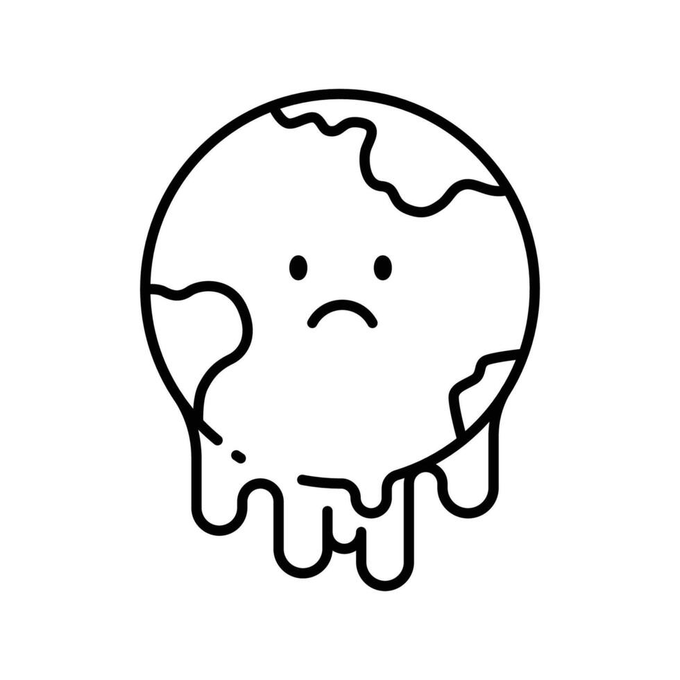 Sad Earth Icon. Melting Planet Outline. Global Warming Symbol. Climate Crisis Line Style. vector