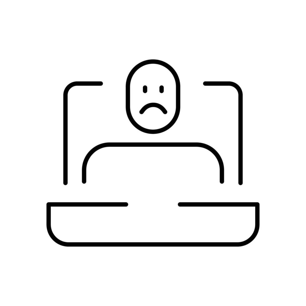 Sad remote worker icon thin line outline of person in conference feeling stressed tired or emotionally drained during online meeting vector