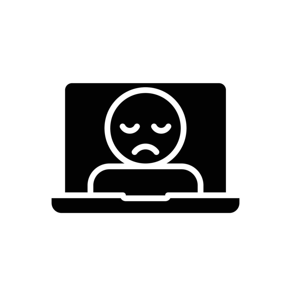 Sad Face on Laptop Screen Icon Glyph Style Silhouette Depressed Worker Mood on Computer Solid Black Symbol for Remote Stress Burnout and Mental Health vector