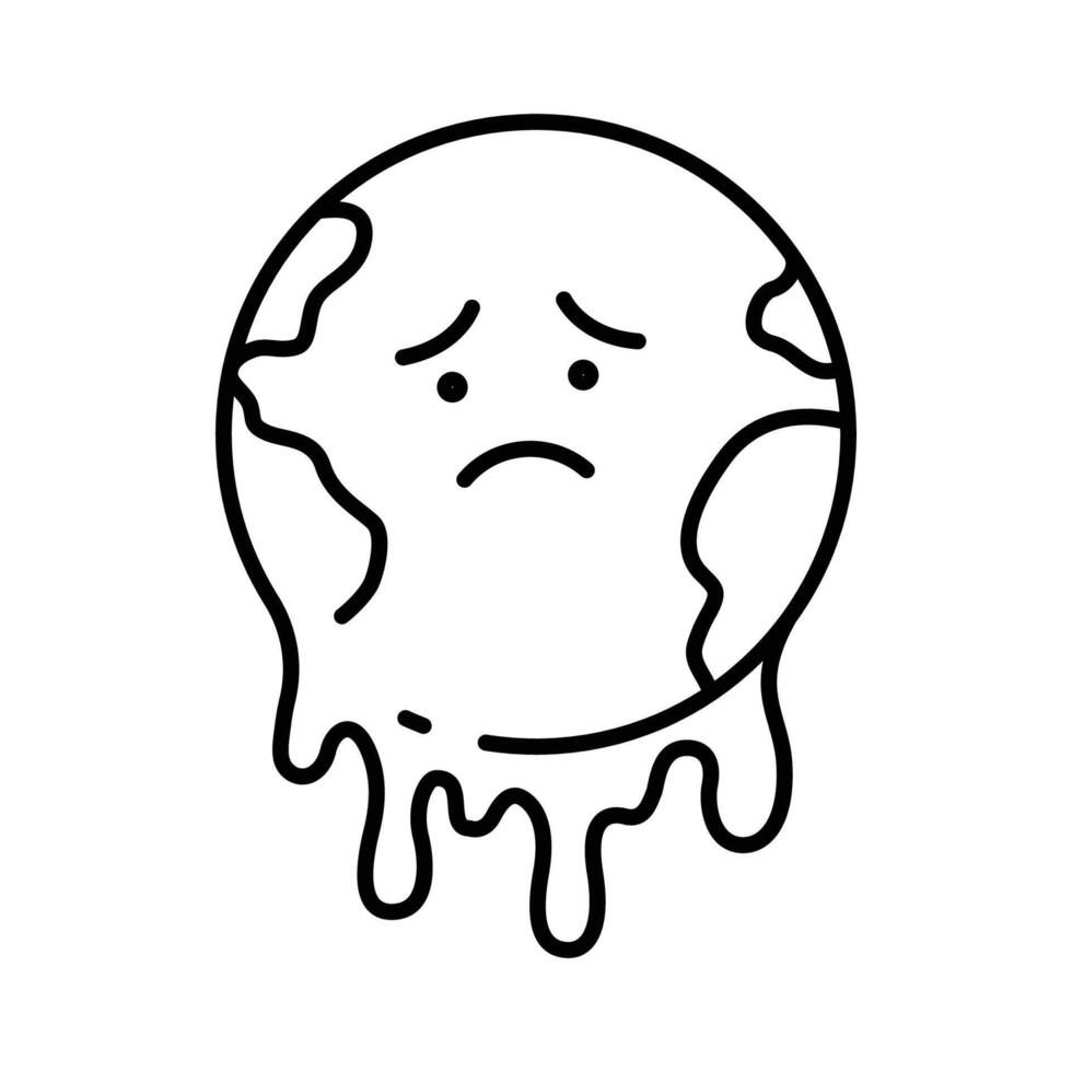 Melting Earth Icon. Climate Anxiety Outline. Sad Planet Global Warming Symbol. Environmental Crisis Line Style. vector