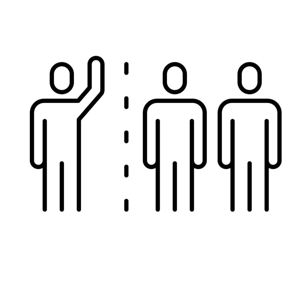 Group separation icon outline style. One person standing apart from group with divider line showing isolation, divide, or outsider status. Thin line symbol illustration. vector