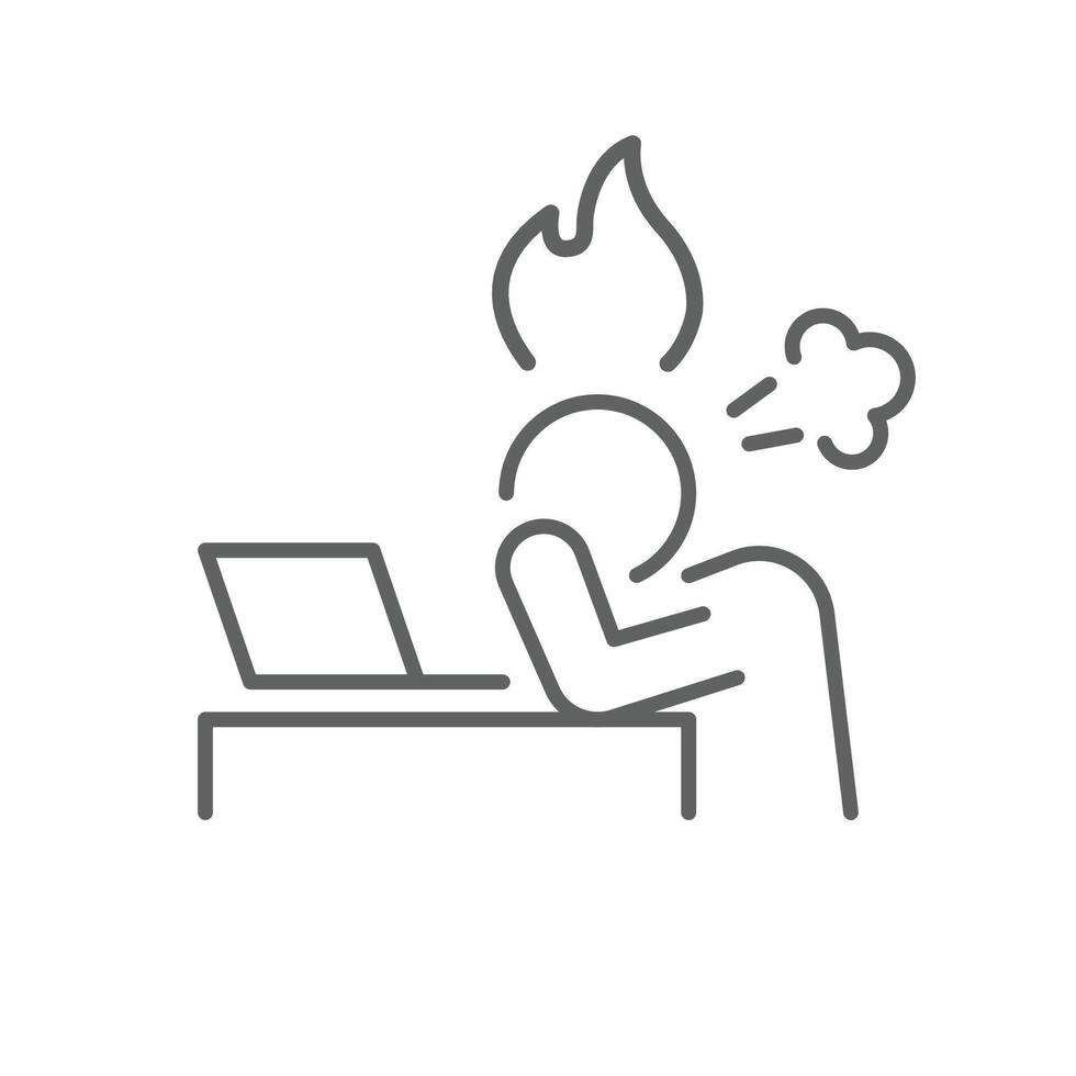 Work stress icon outline style. A person with head on desk and flame above symbolizing workplace burnout, frustration, or job overload. Thin line symbol illustration. Editable stroke vector