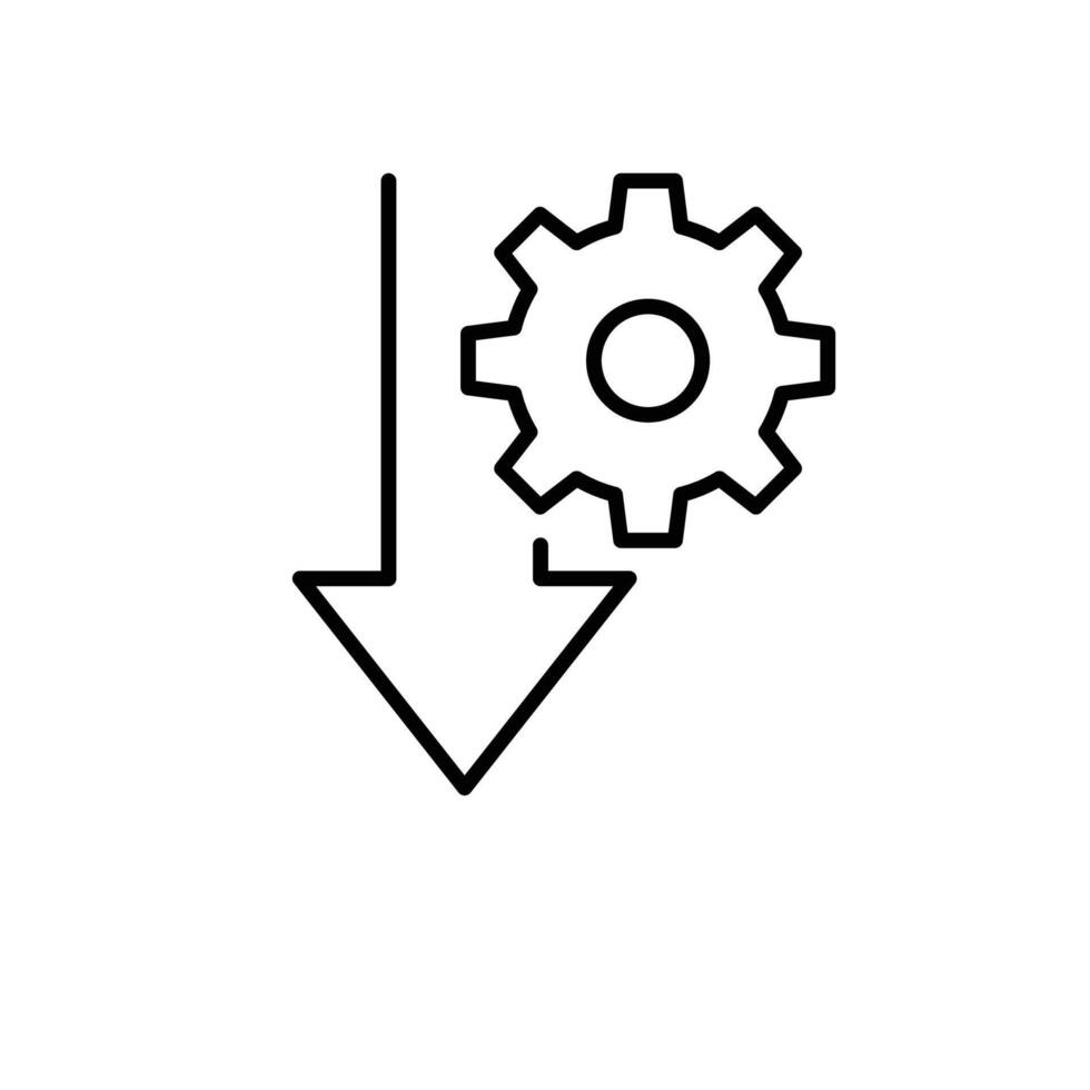 Performance drop icon outline style. A gear next to a large downward arrow representing system failure or decline in productivity. Thin line symbol illustration. vector