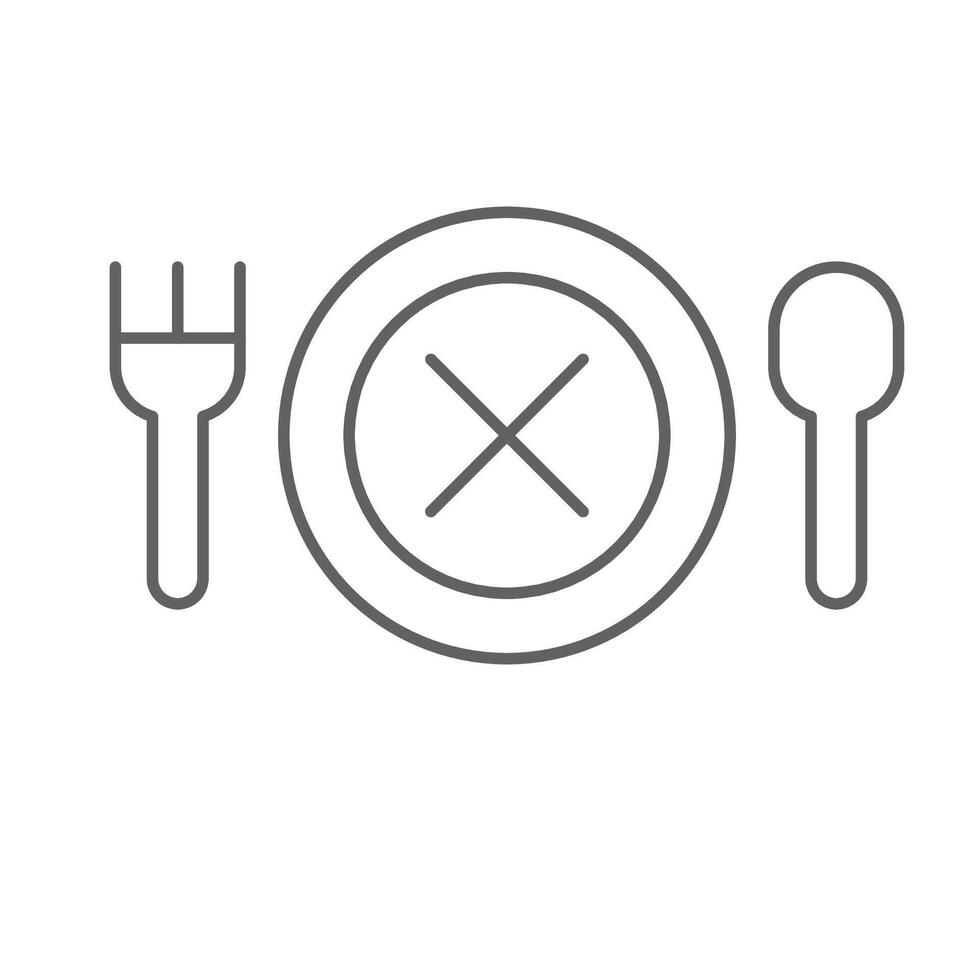 No appetite icon outline style. A crossed dish with fork and spoon depicting eating disorder, sickness, or loss of hunger. Thin line symbol illustration. Editable stroke vector
