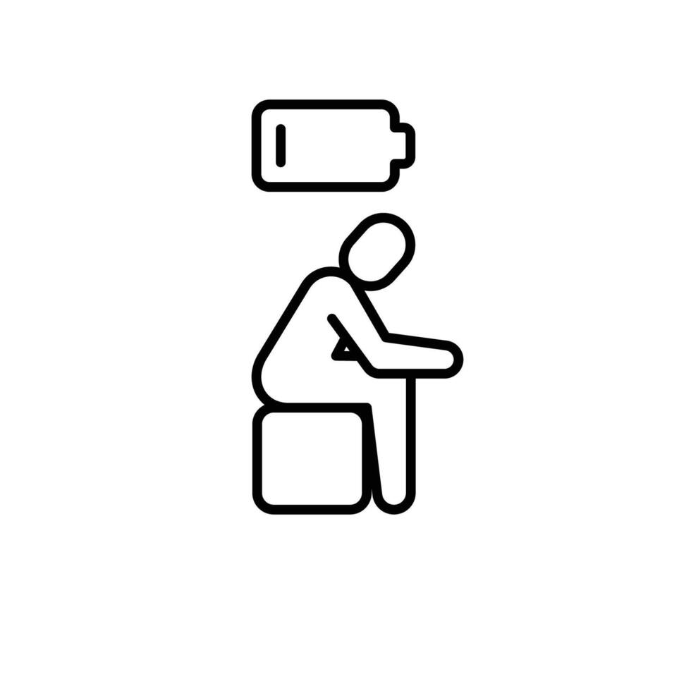Low energy icon outline style. A person sitting with slumped posture under low battery symbol representing physical exhaustion, burnout, or fatigue. Thin line symbol. vector