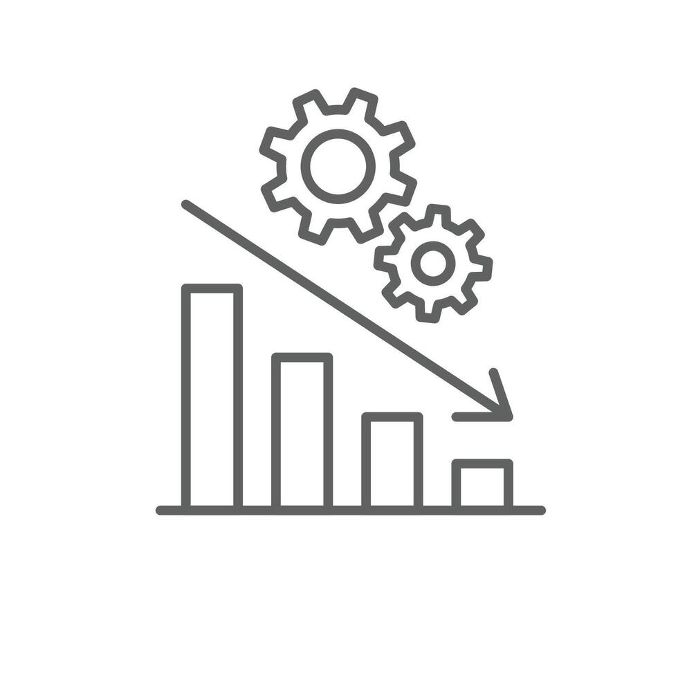 Low performance icon. Outline style thin line editable stroke symbol of bar chart with arrow down and gears. Concept of productivity drop, poor efficiency, or business failure. illustration vector