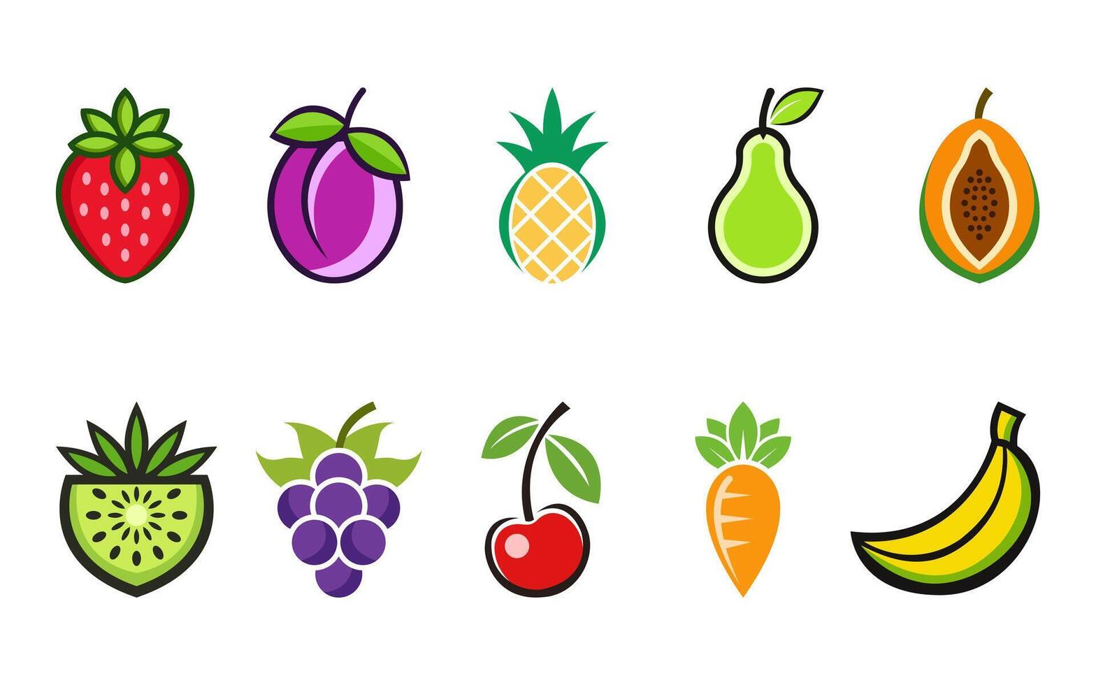 Set of fresh fruits illustration including Strawberry, plum, pineapple, pear, papaya, kiwi, grapes, cherry, Carrot and banana vector