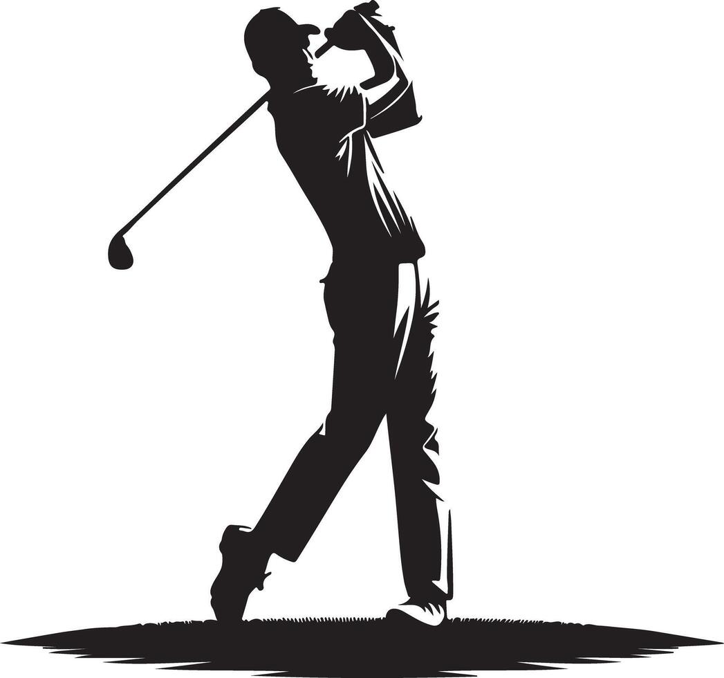 Silhouette of a golfer in mid swing with a golf club against a white background on a green course vector