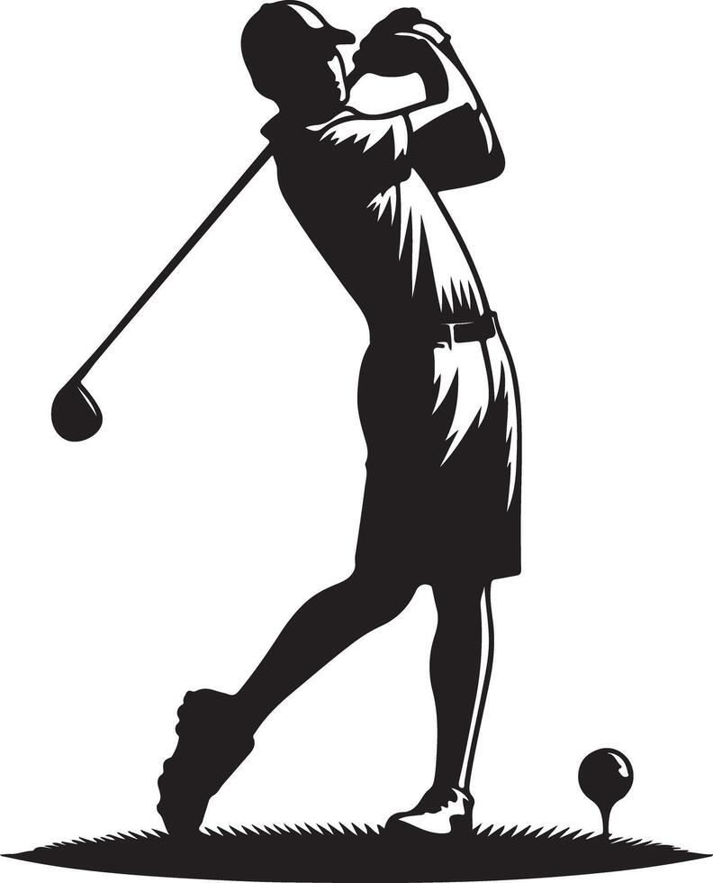 Silhouette of a golfer swinging a club with a golf ball on the ground in a minimalist design style vector