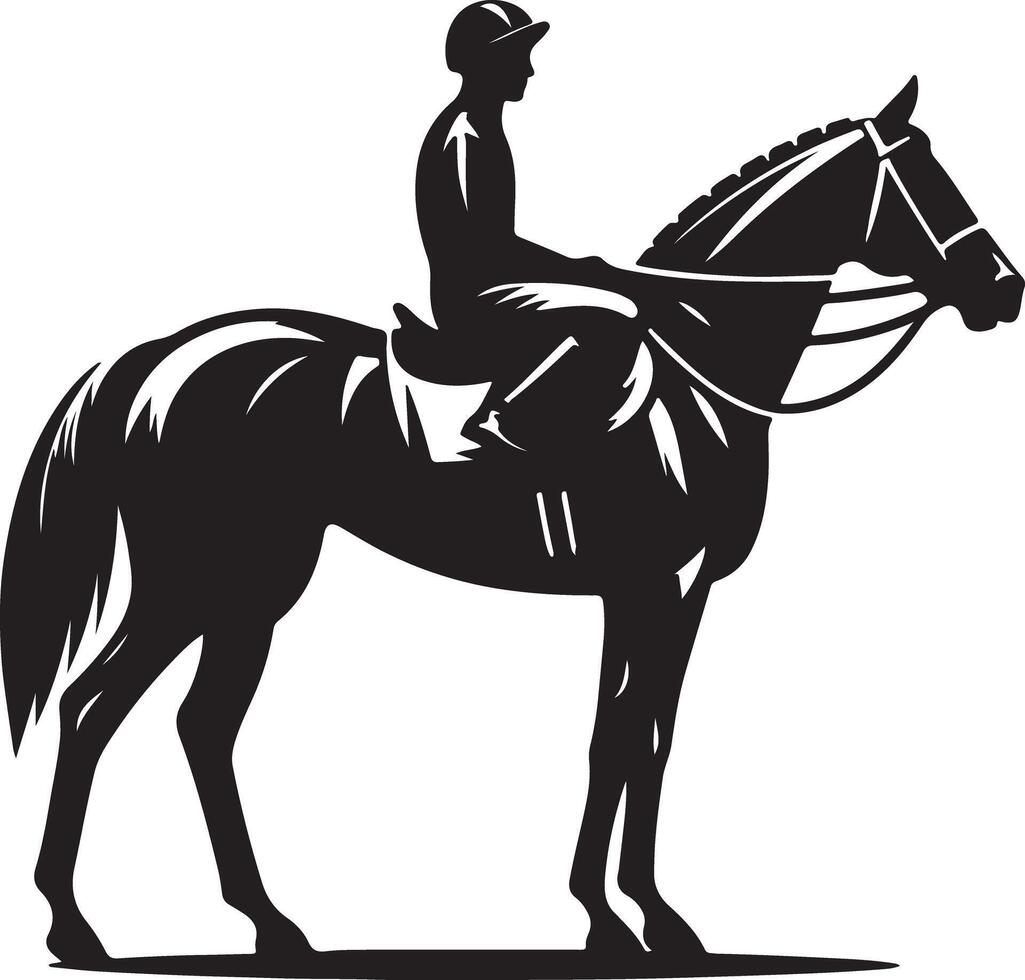 A black and white illustration of a jockey riding a horse in a stylized format design style vector