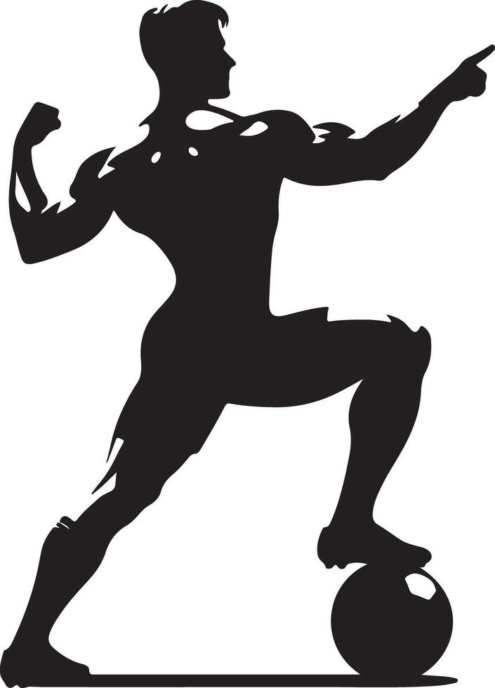 Silhouette of muscular soccer player with foot on ball pointing with arm raised in victory pose vector