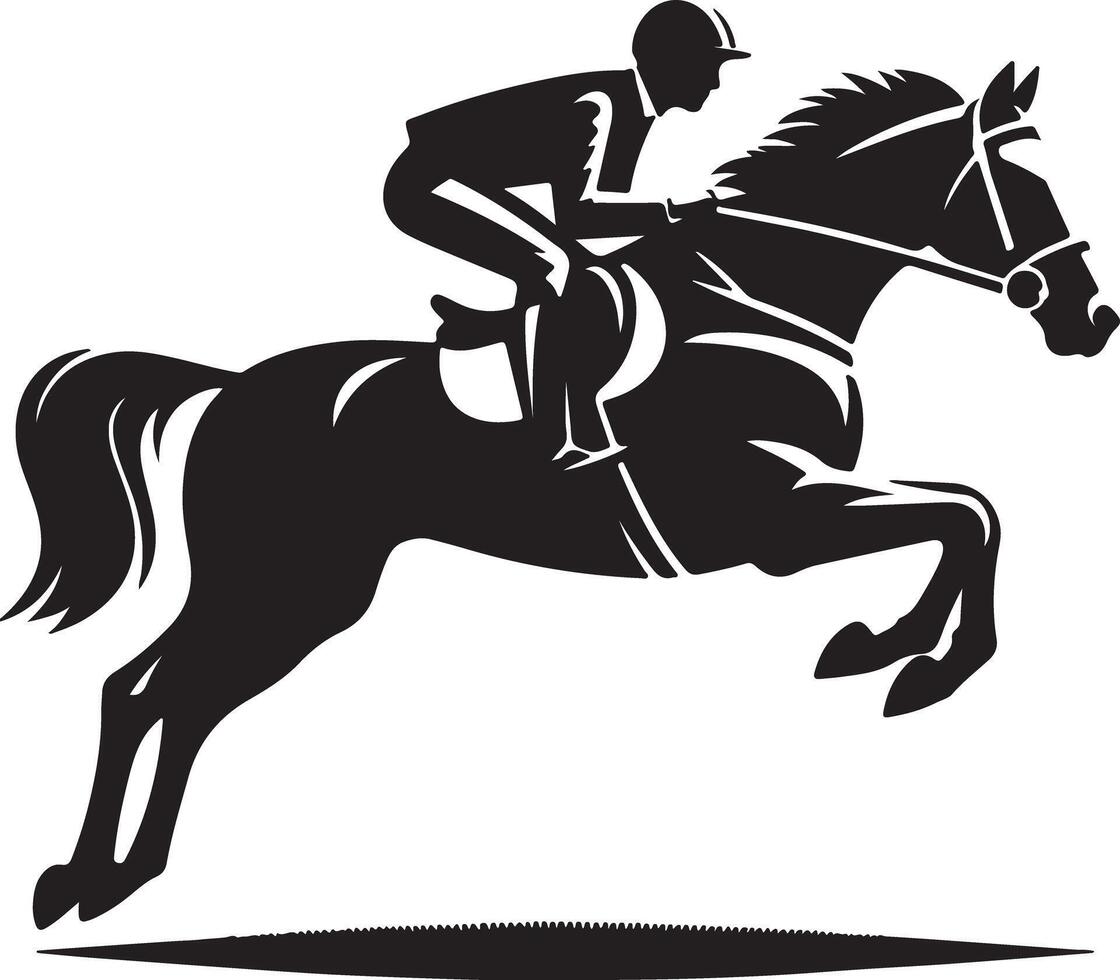 A black silhouette of a horse and rider jumping over an obstacle on a white background design art vector