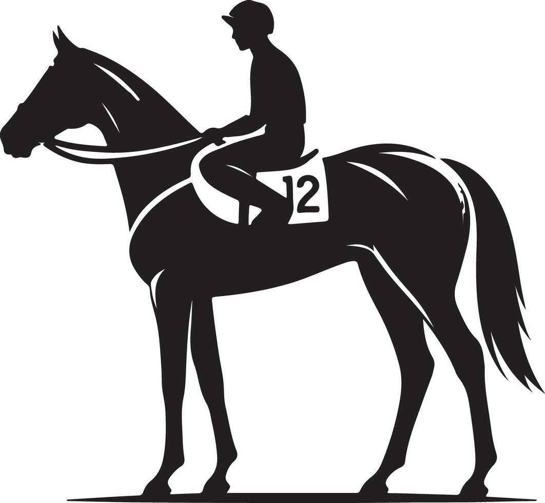 A black silhouette of a horse and jockey with number twelve on the saddle against a white background vector