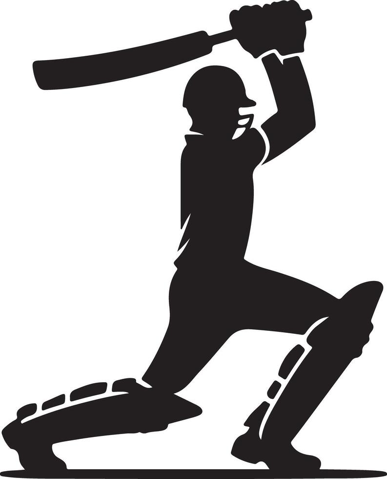 Silhouette of a cricket player batting with helmet and pads in action against a white background view vector