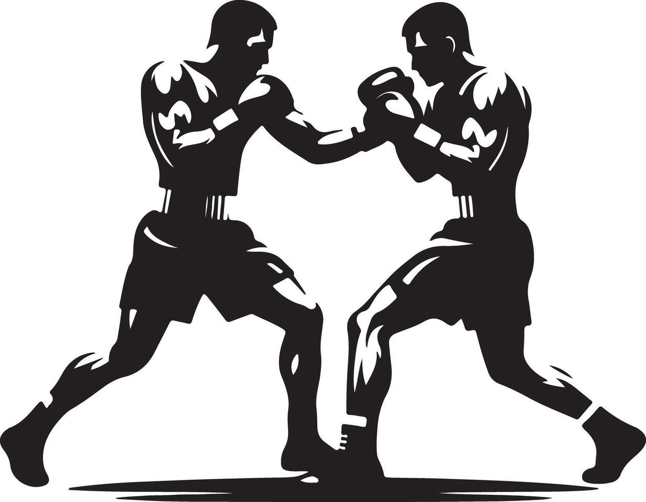 Two boxers facing each other in a fighting stance wearing boxing gloves and shorts in a illustration vector